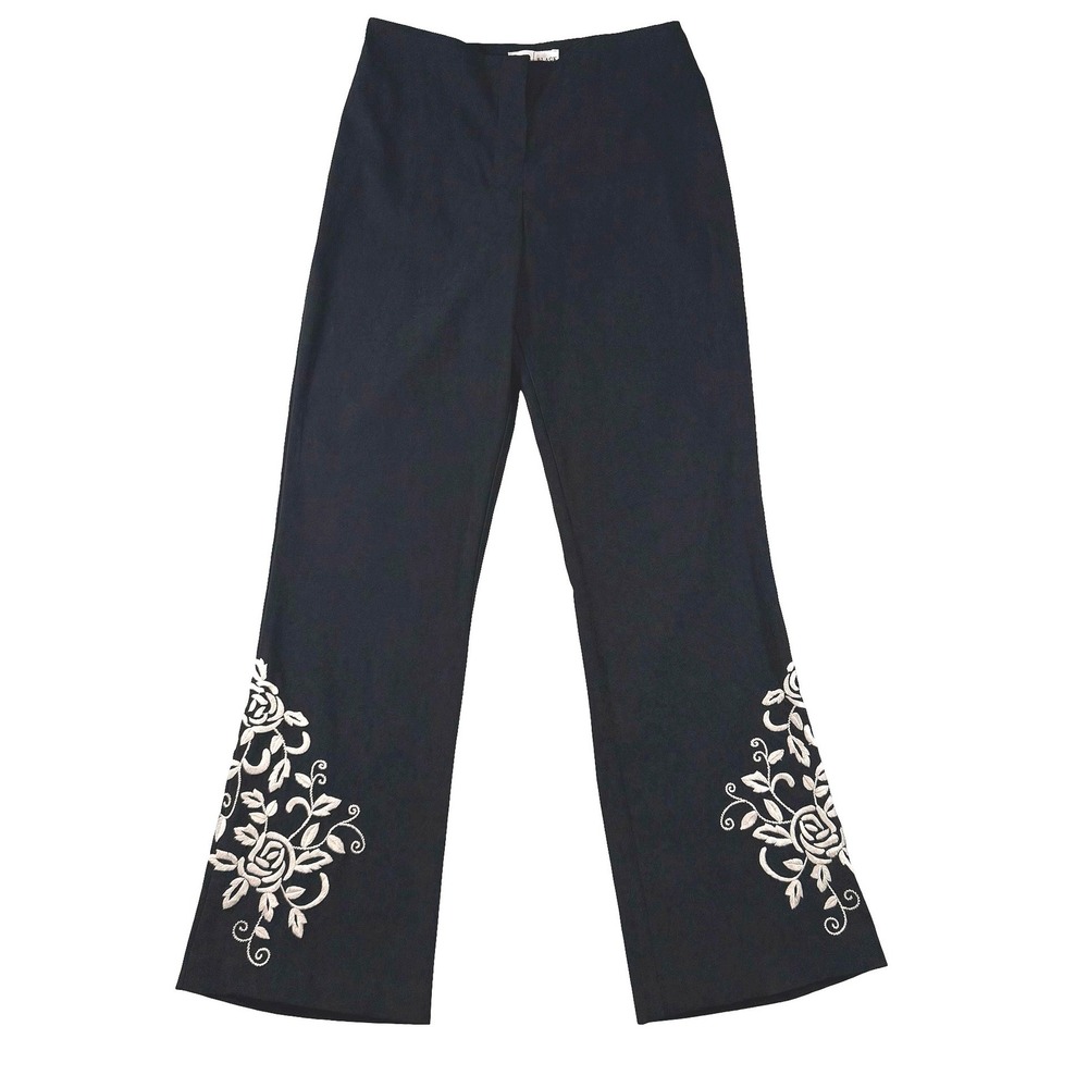Vintage Y2K Black Floral Embroidered Flare Leg Pants Size 4 P626BLK